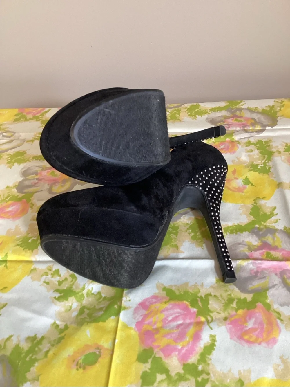 Black Suede Platform High Heels with Studded Stiletto